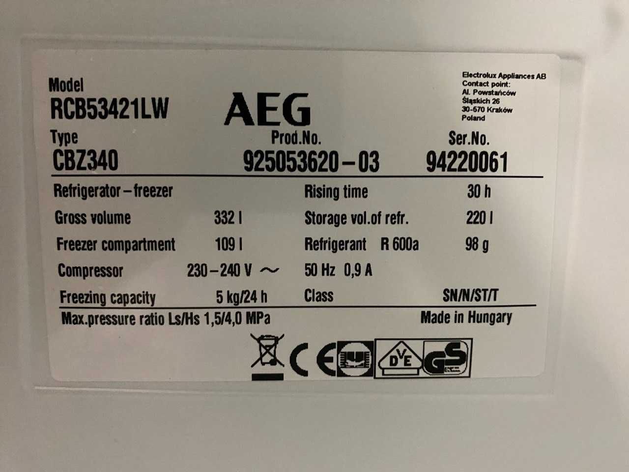Холодильник AEG RCB53421LW (185 см) з Європи