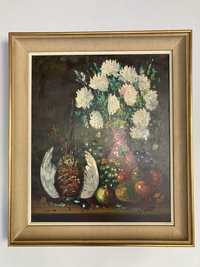 Obraz olejny na płótnie, martwa natura, kwiaty, Lambert, sygnowany