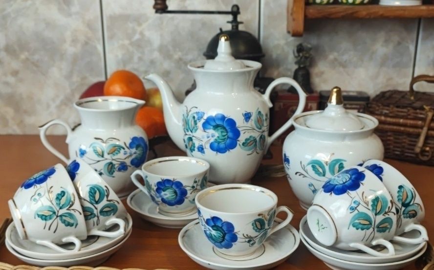 Kawowy serwis "Niebieski kwiat" RĘCZNIE malowany Porcelana ZSRR CCCP