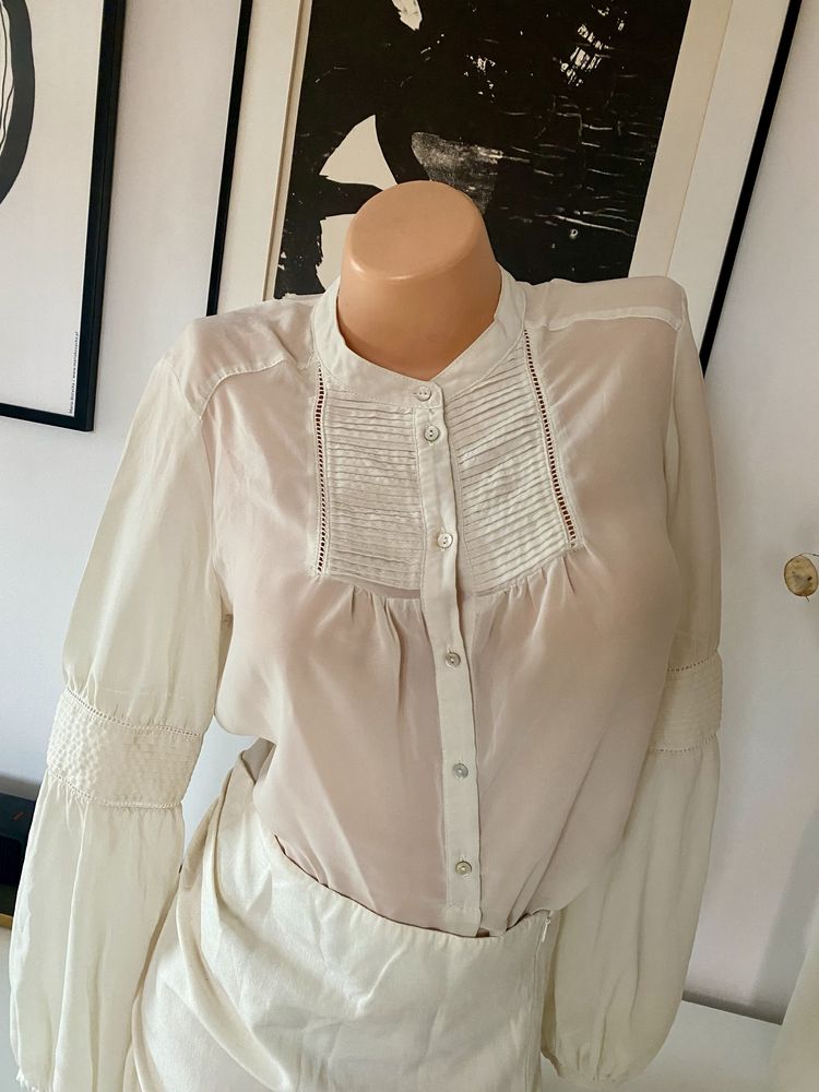 Zara bluzka koszulowa bufki żabot chlopi ecru 38 M