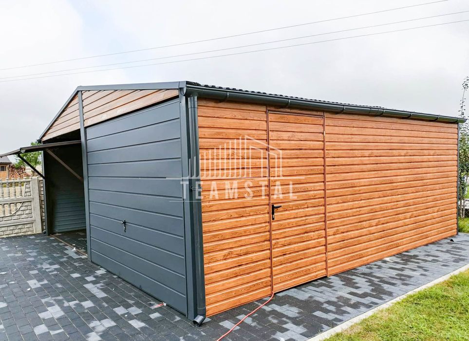 GARAŻ BLASZANY 6m x 6m 2x Brama orzech + antracyt drzwi TS248 6x6
