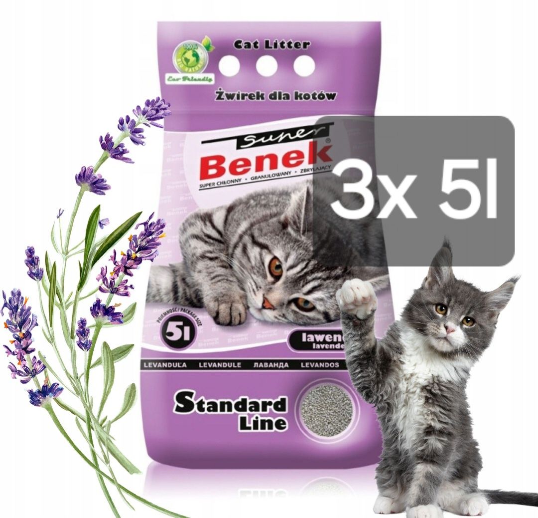 Benek 3x 5l + Gratis, Lawenda Żwirek Kuweta Piasek 15l Toaleta Kot