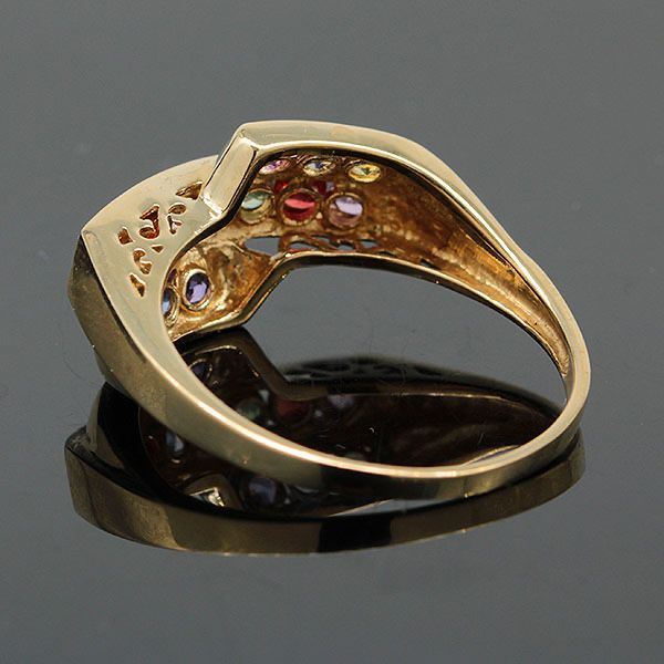 Złoty pierścionek z kolorowymi szafirami obrączka 9K
