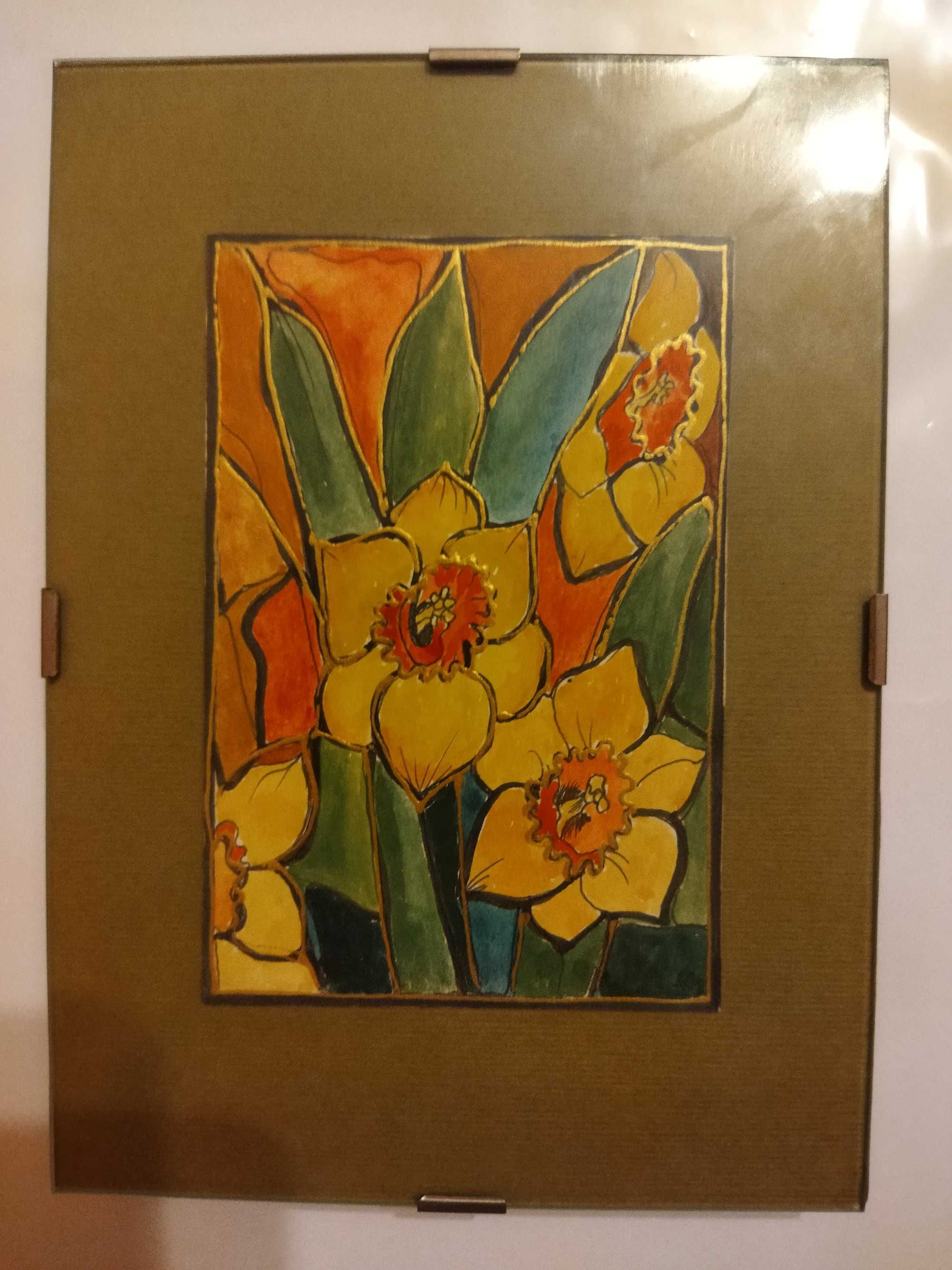 Obraz akwarela ręcznie malowany zielono -żółty motyw kwiatowy.