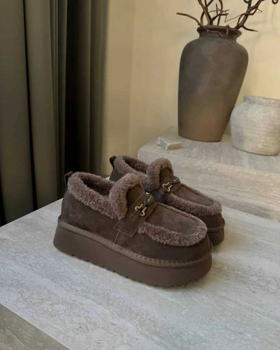 Коричневі лофери угги натур. замша, зимние лоферы коричневые 36-40р