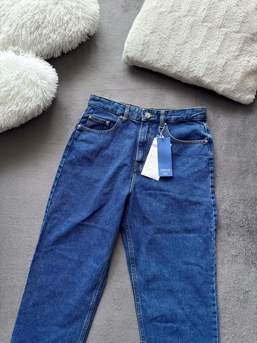 Granatowe ciemne niebieskie jeansy mom jeans 100% bawełna