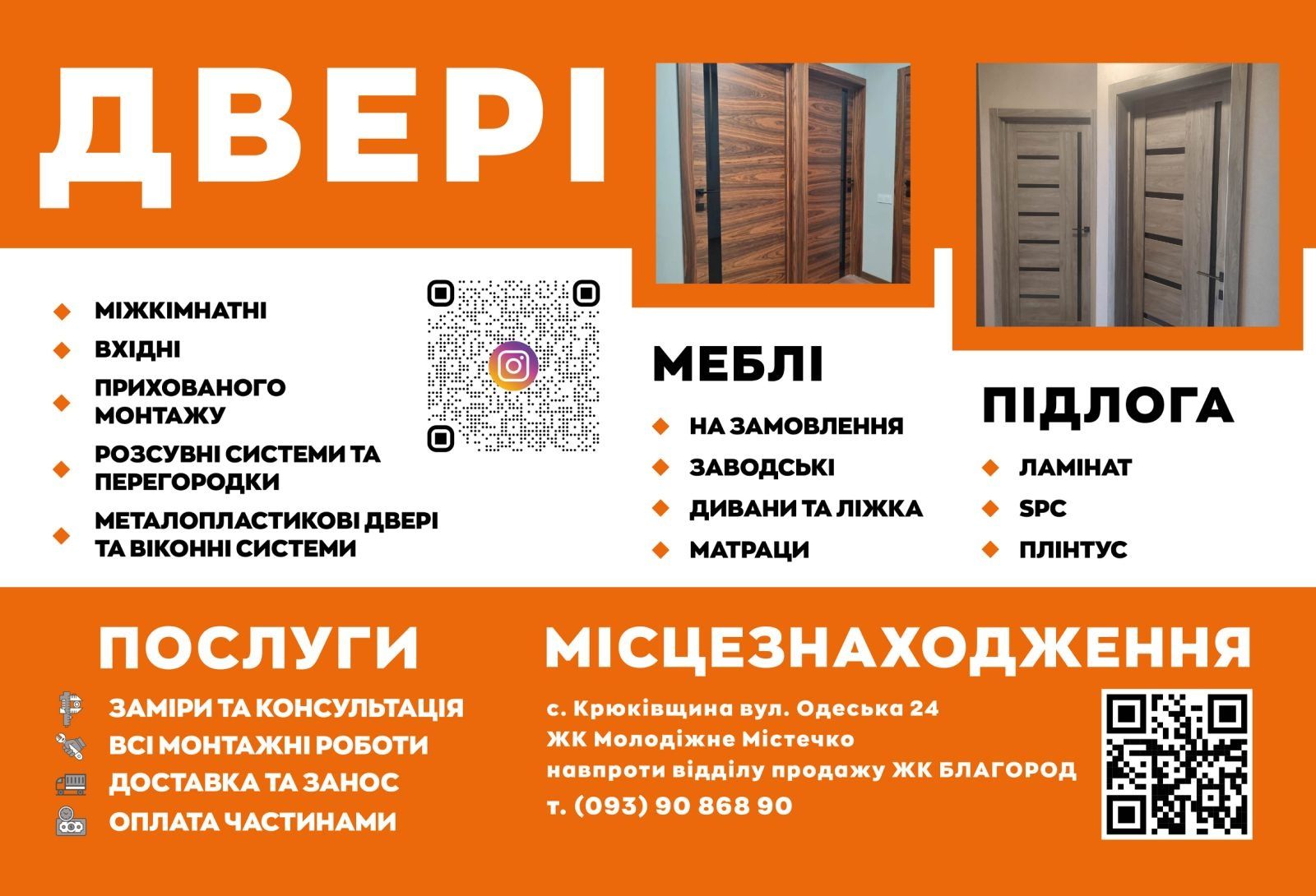 Двері вхідні, міжкімнатні, металопластикові, ламінат, плінтус, меблі