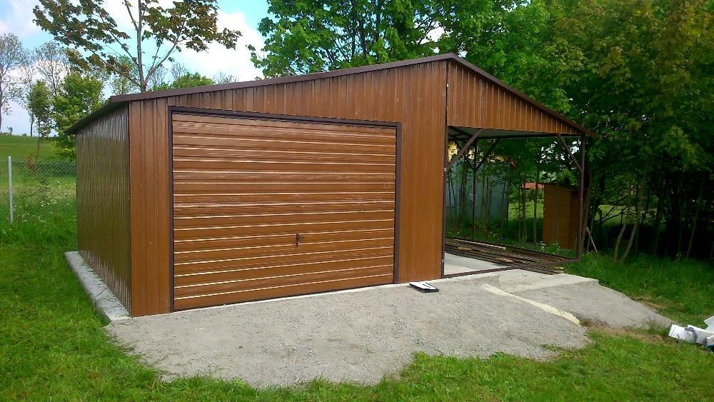 garaże blaszane, dwuspadowy 6 x 6, struktura drewna-orzech, profil
