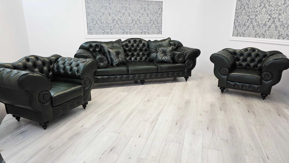 Zestaw wypoczynkowy Chesterfield Preston 3+1+1 skórzany