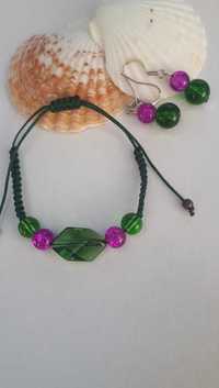 Zestaw zielona bransoletka sznurkowa i kolczyki zielony z fioletowym