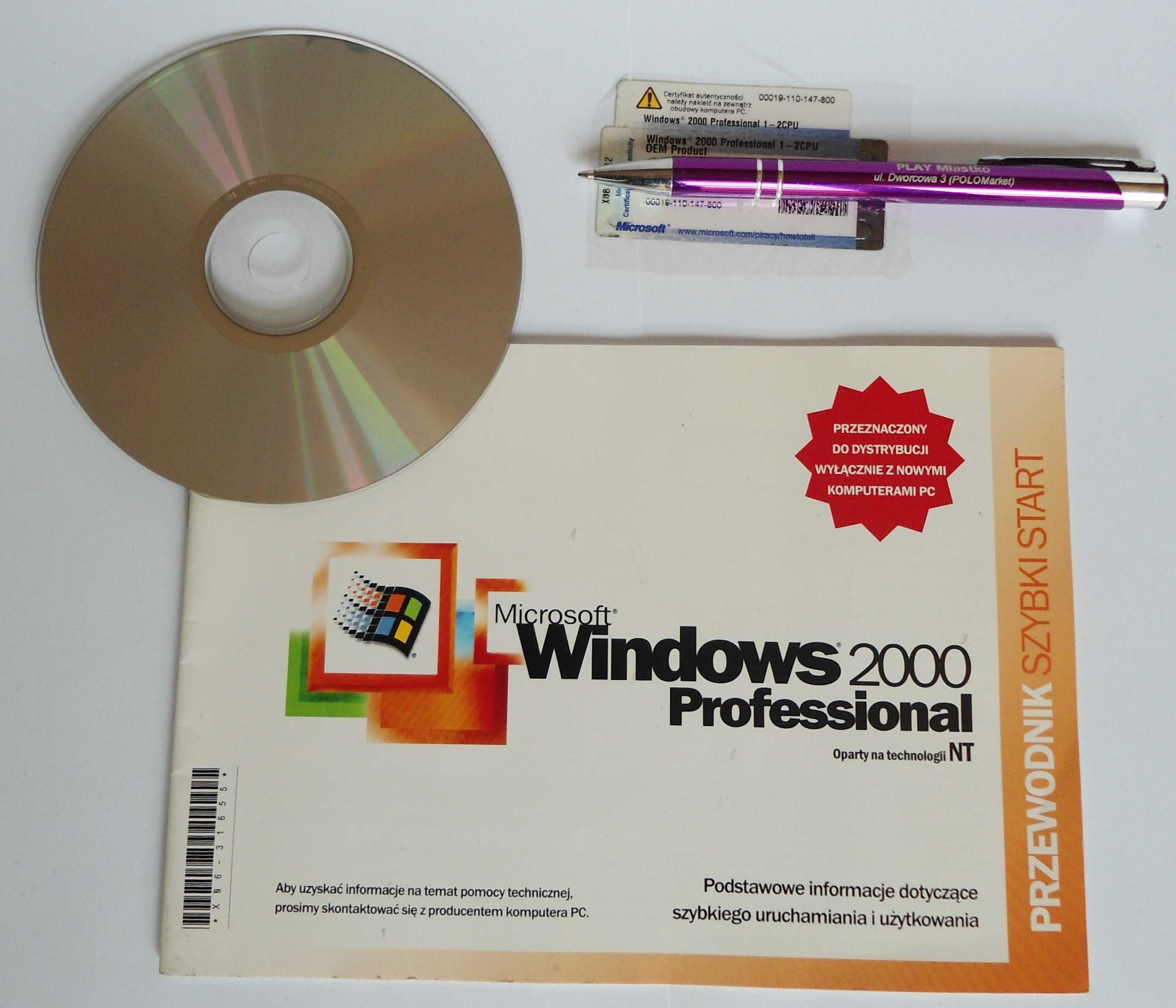 Windows 2000 professional (NT) - oryginalna CD, książka i certyfikat