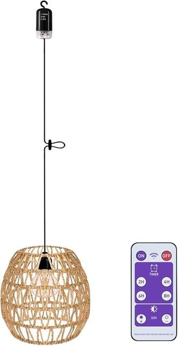 Żyrandol ogrodowy EcoGehen z rattanowym kloszem, zdalnie sterowany
