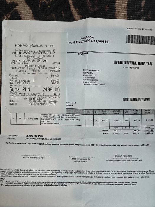 Telefon one plus 12R + przezroczyste etui