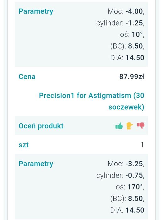 Soczewki precision 1 wada -4.0/-1.25/170 i -3.25/-0.75/10