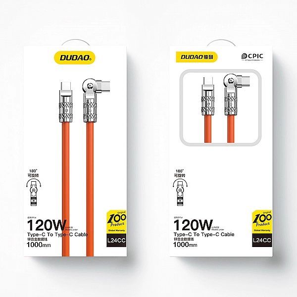 Kabel Dudao L24cc kątowy Usb-c - Usb-c 120w 1m regulowany - pomarańczo