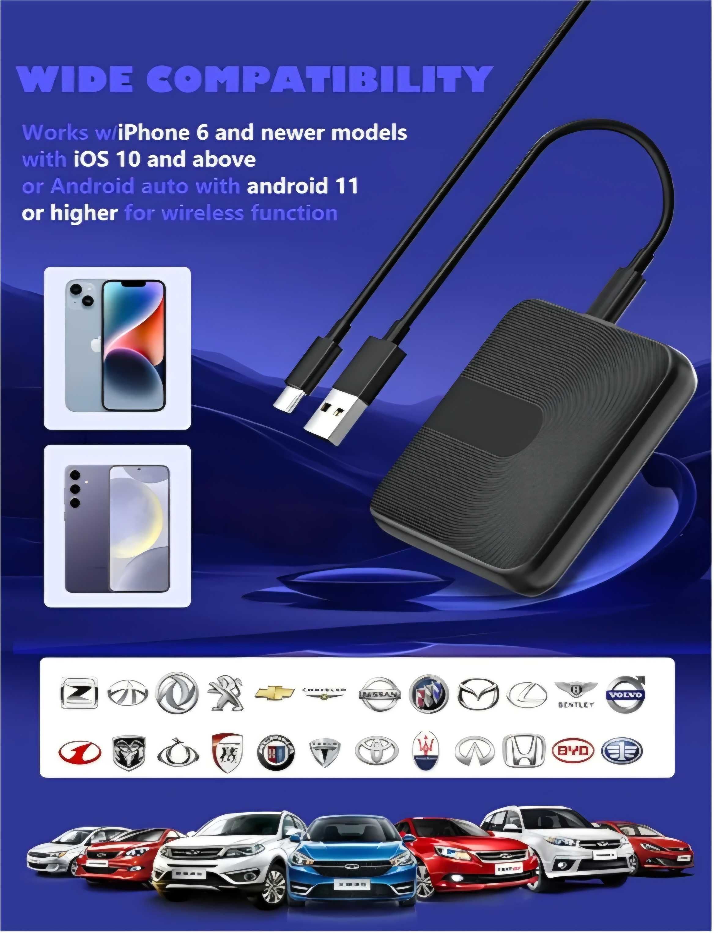 Bezprzewodowy adapter 2w1 Android Auto CarPlay USB-A USB-C WiFi BA510