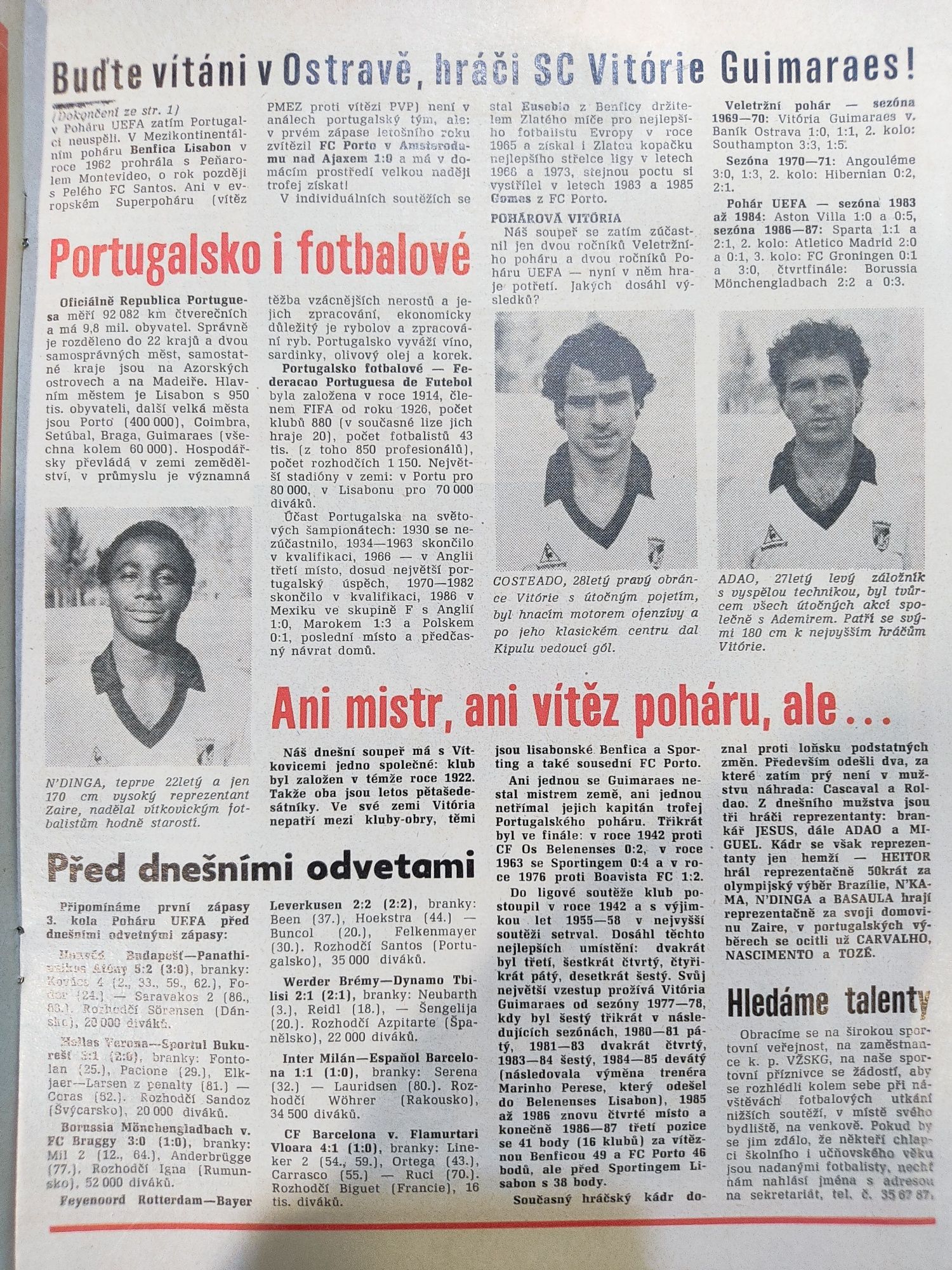 Programa oficial Vitkovice Vitória SC UEFA 1987/88