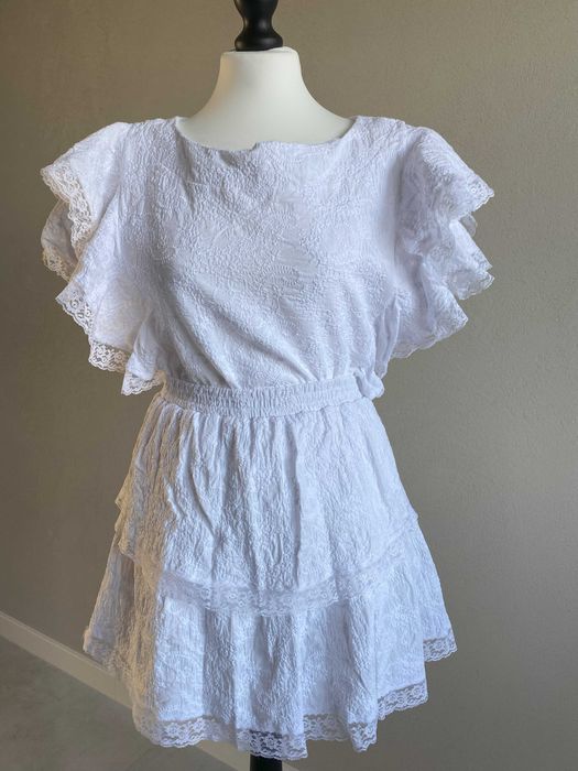 Lila Lou Biały letni komplet bluzka spódniczka koronkowa falbanki