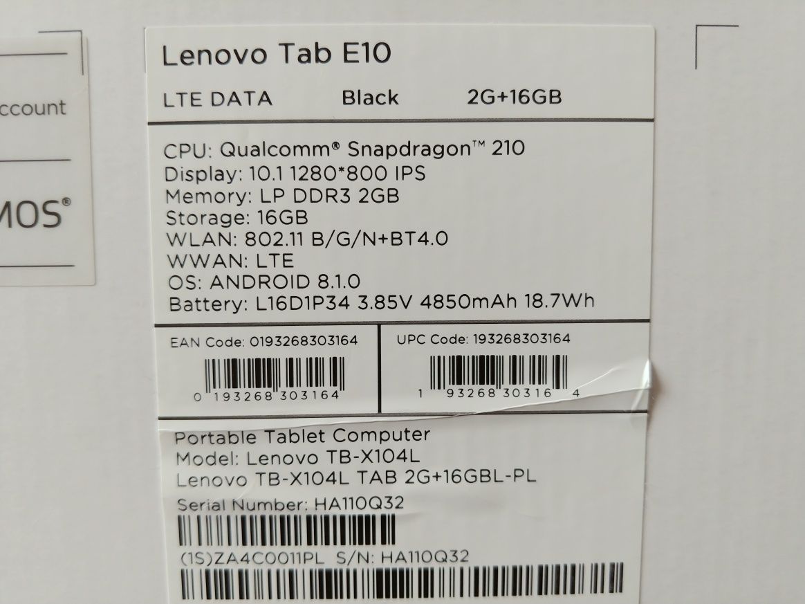 Tablet 10" Lenovo tab E10 LTE