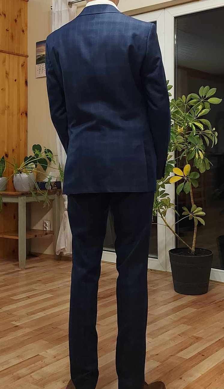 Granatowy w kratę Garnitur Męski