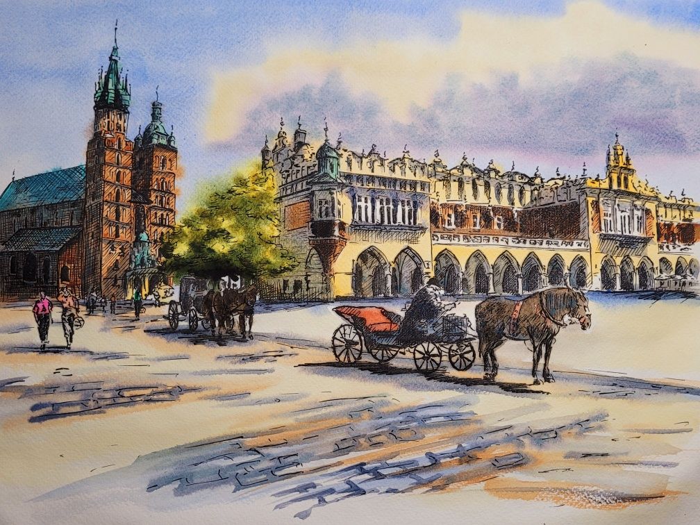 Pejzaż miejski Kraków 24x33 cm tusz I akwarela, prezent, architektura