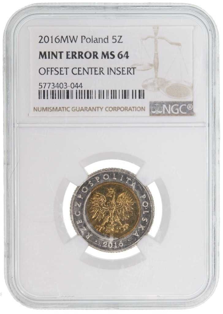 5 złotych 2016 NGC MS64 MINT ERROR