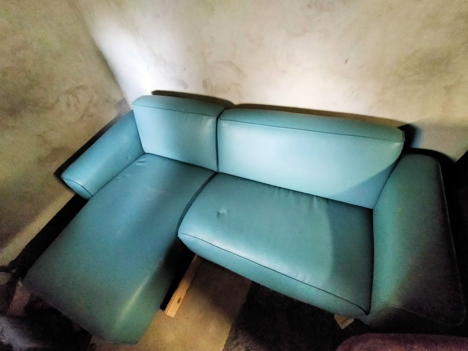 Sofa narożna, skóropodobna, błękitna