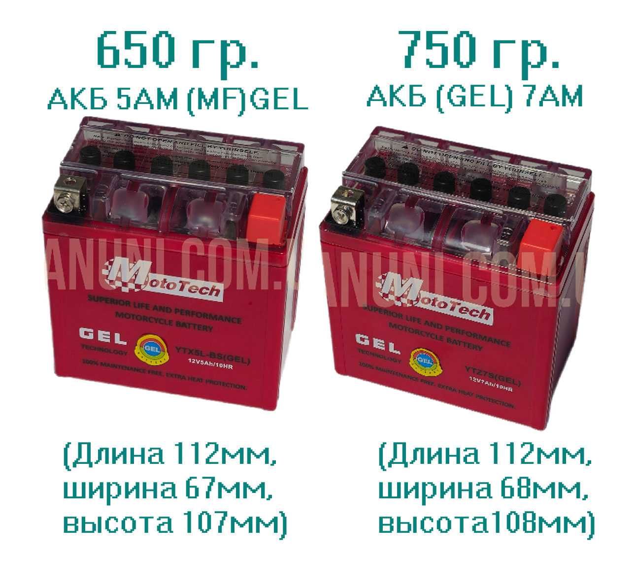 Аккумулятор гелиевый для скутера 2.3, 4, 5, 7, 9, 12, 14, 18, 20 ah.