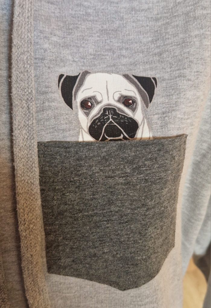 Bluza mops Pokety z mops pug buldog szara z kapturem M 38