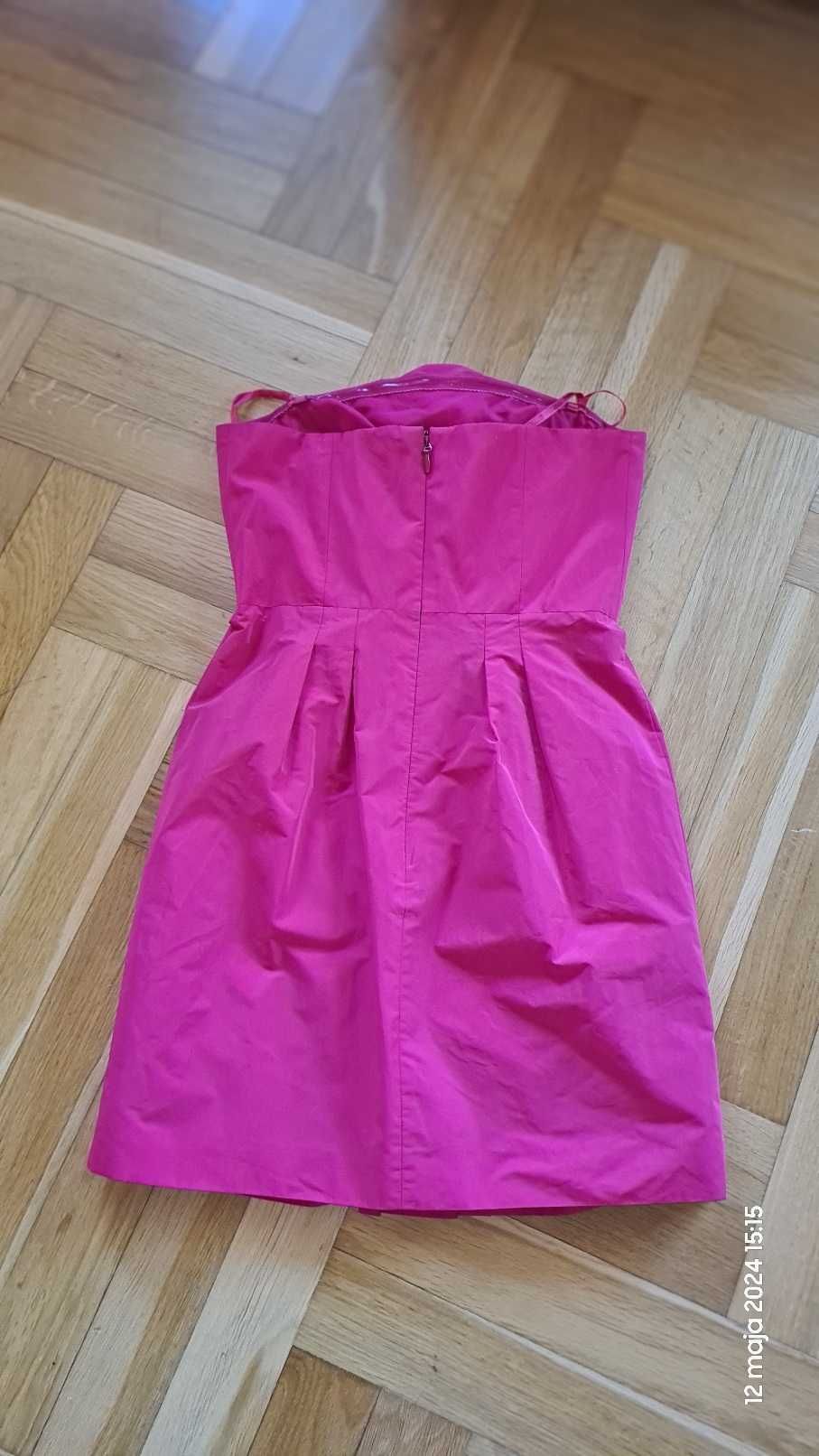 Bcbgmaxazria fuksja sukienka koktajlowa 34/36 Barbie żaboty kwiaty