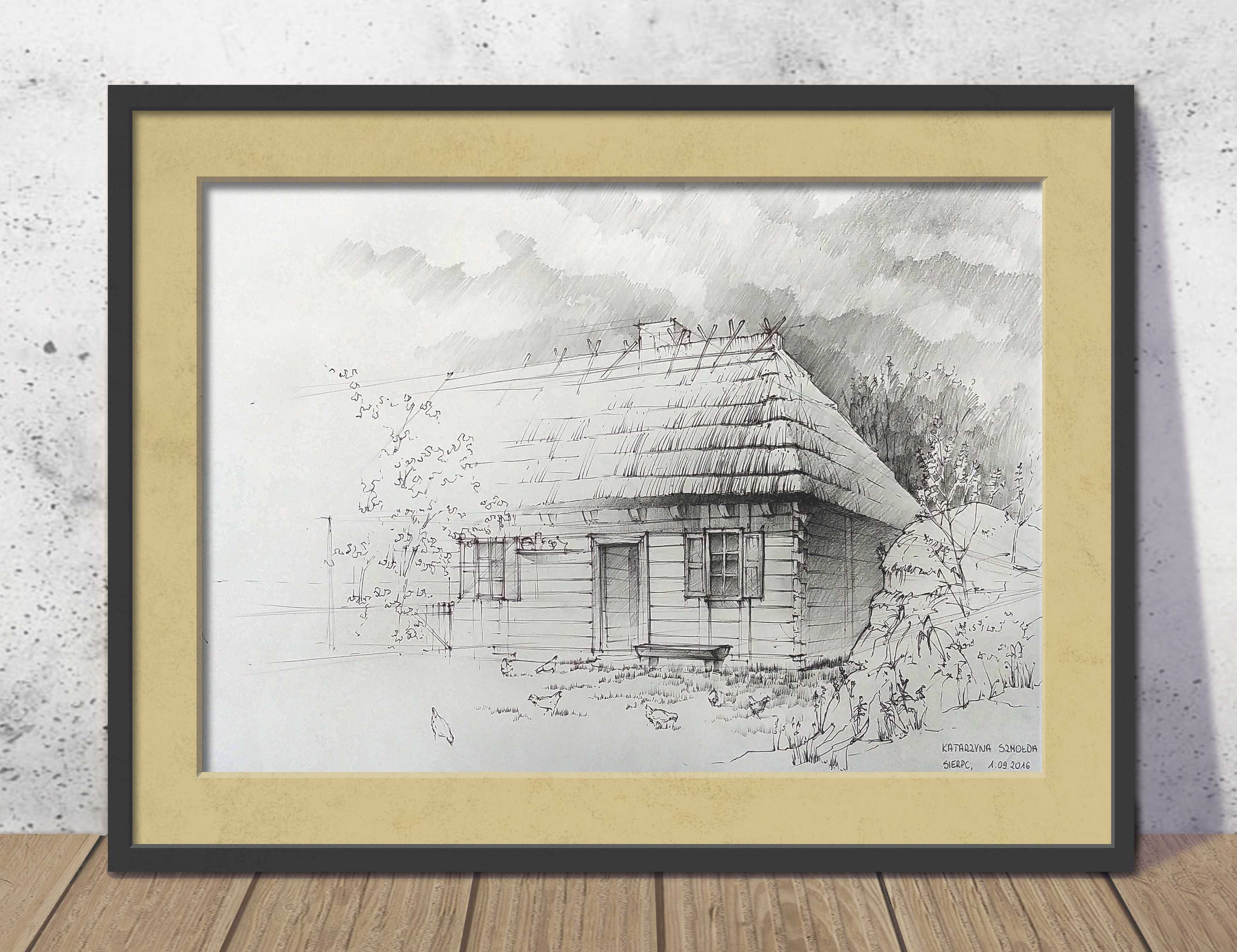 Obraz Rysunek odręczny 35 x 50 - ołówek, długopis - architektura, wieś