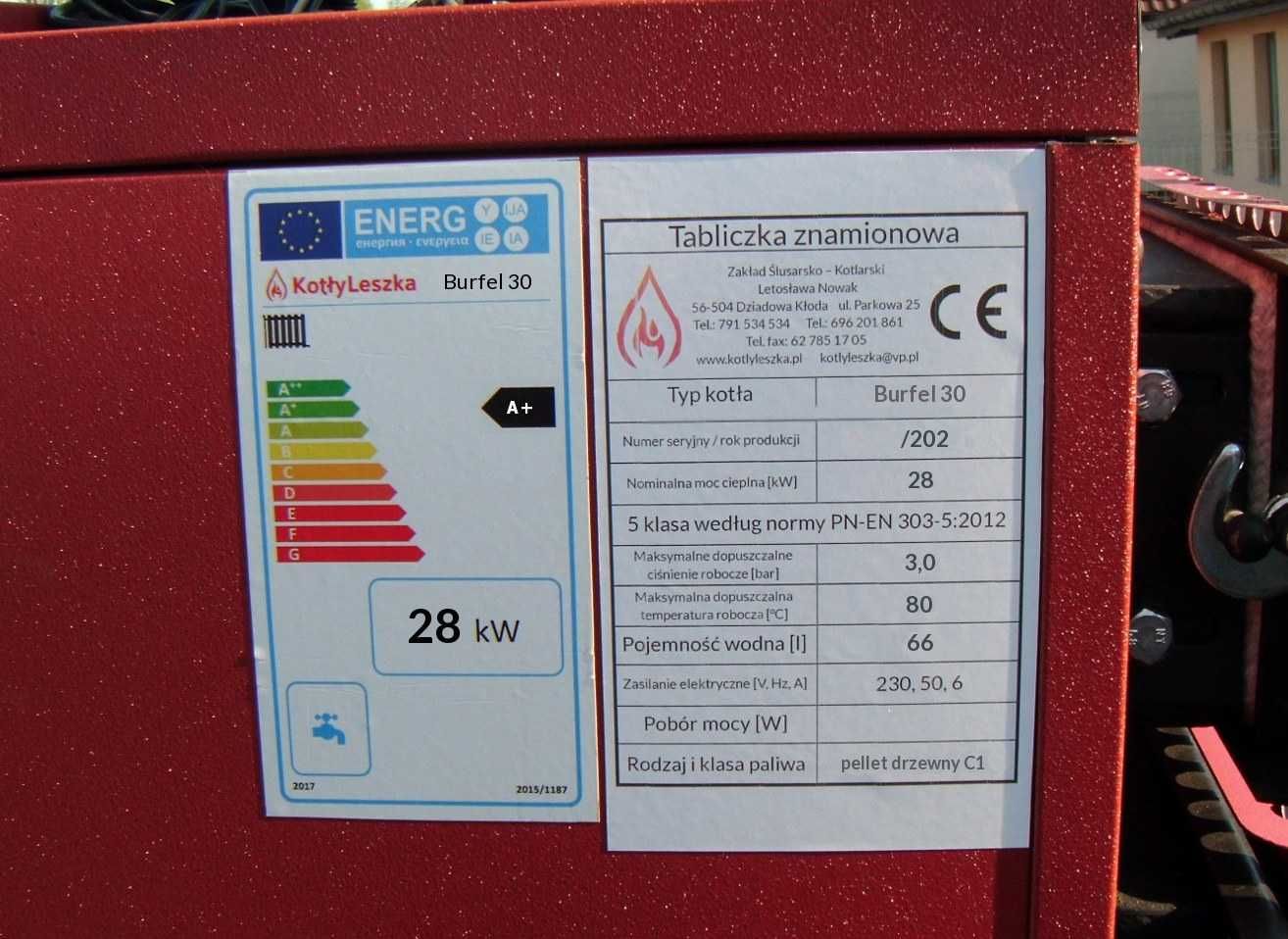 Kocioł piec c.o. 5 klasa BURFEL 28 kW pellet ekoprojekt kotlyleszka