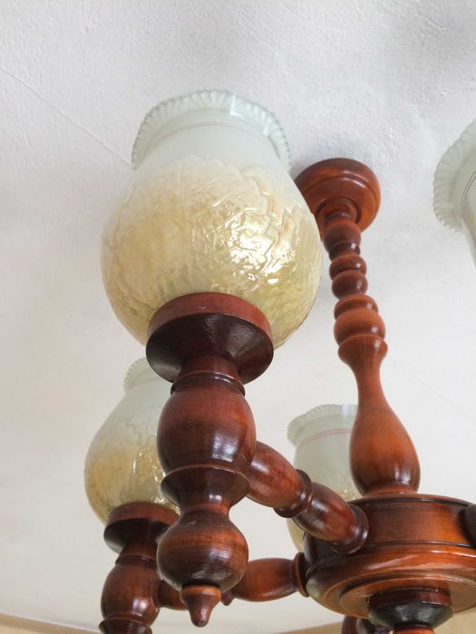 Lampa sufitowa, pokojowa, żyrandol pięcioramienny, drewniany PRL