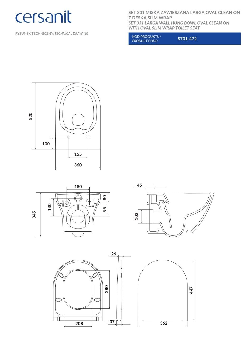 Miska wc z deską slim cersanit larga oval cleanon z deską S701-472 now