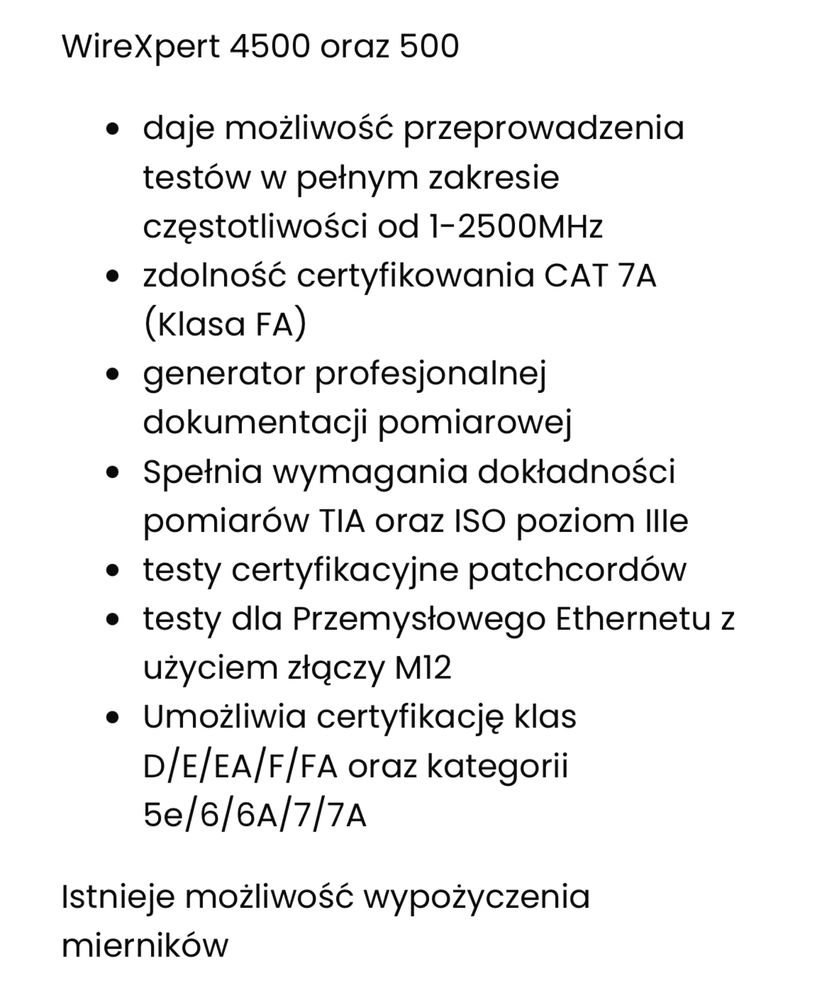 Wypozyczenie miernikow - Pomiary sieci swiatlowodowej i lan