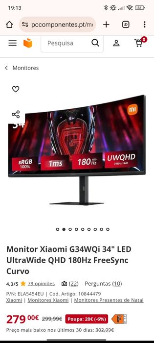 Monitor Xiaomi G34WQi 34" LED UltraWide QHD 180Hz FreeSync Curvo
