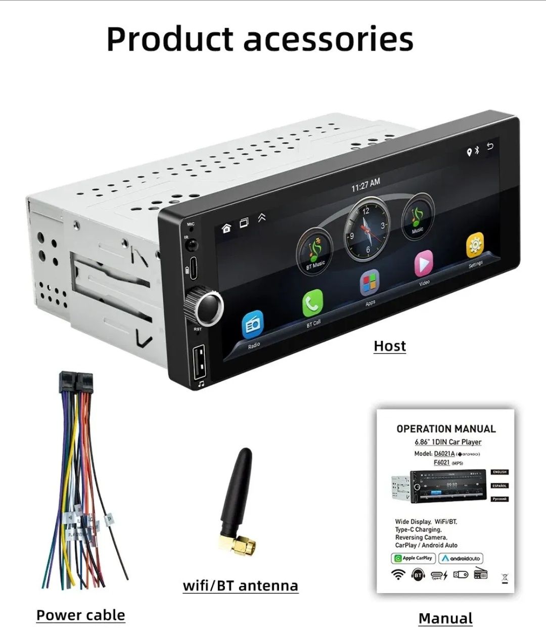 Rádio 1 DIN Android 13 ecrã 6.8" + Carplay + RDS + GPS