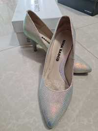 Nina basco laser buty szpilki skórzane ślubne srebrne połysk blyszczac