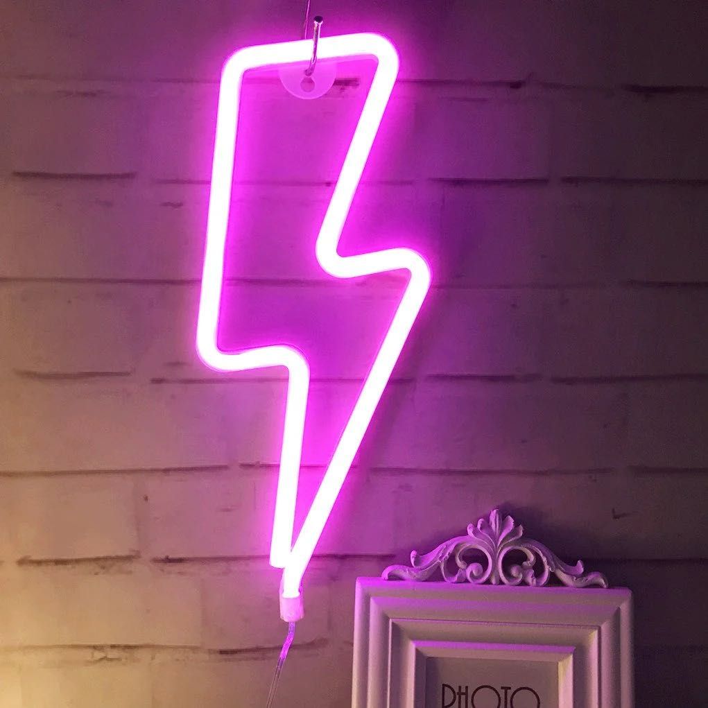 Neon LED błyskawica różowy znak świetlny wiszący baterie usb