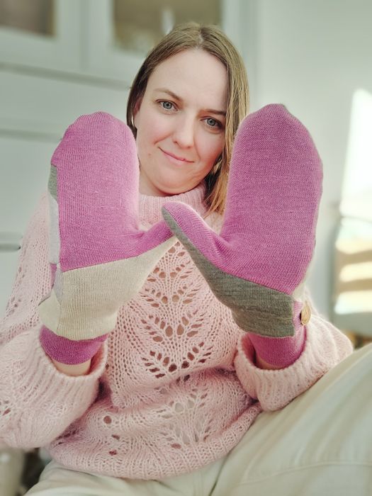 Rękawiczki patchworkowe damskie, 100% wełna, kaszmir