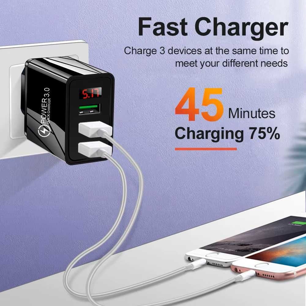 Ładowarka 3 x USB QC 3.0 Quick Charger wyświetlacz cyfrowy