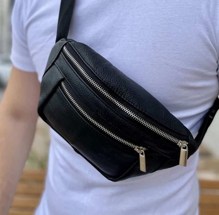 Сумка бананка черная мужская кожаная