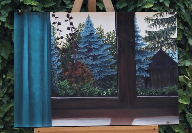 Ręcznie malowany obraz "Widok z okna"