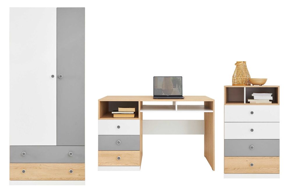 zestaw mebli młodzieżowych PIXEL Szafa komoda Wysoka biurko Dąb Biel