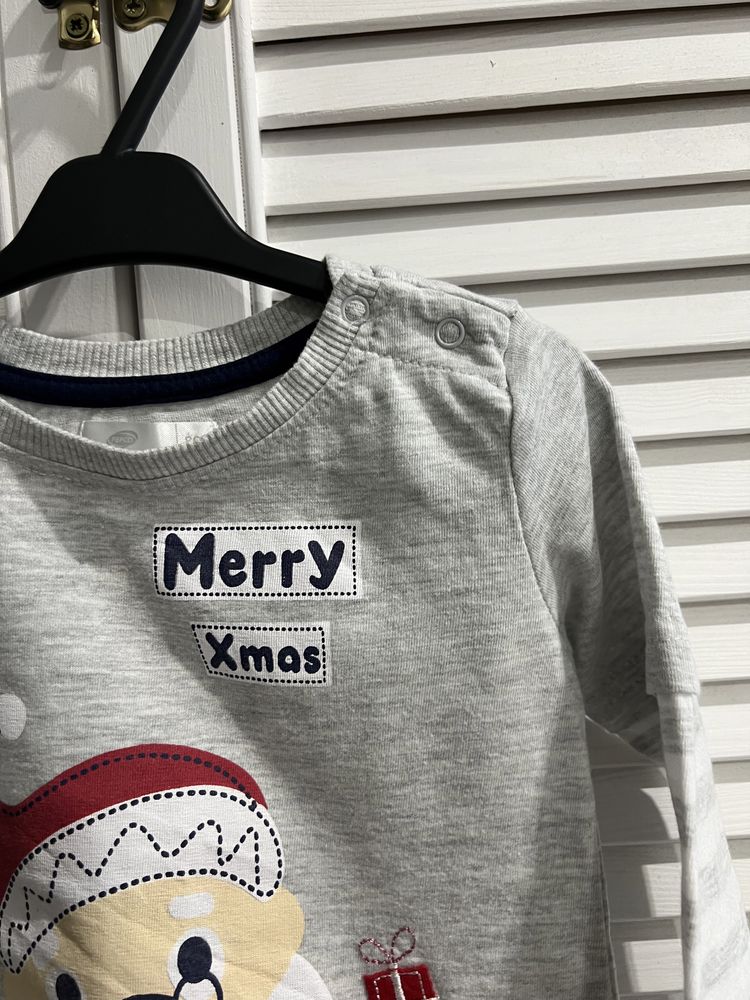 Bluzka świąteczna Pepco r.80 długi rękaw Merry Xmas Mikołaj