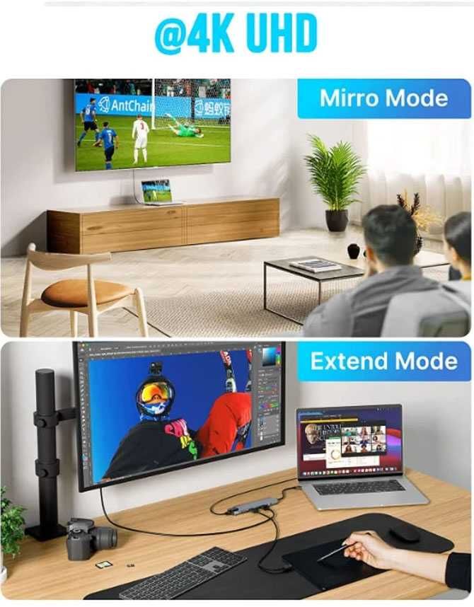Dongle de Hub Usb C 9 em 1 com Ethernet Hdmi 4K
