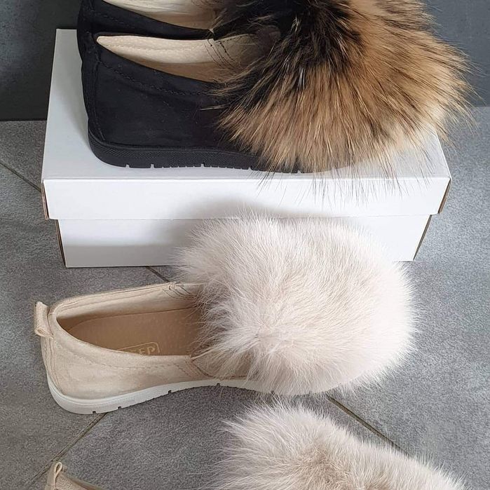 Eleganckie adidasy mokasyny zamszowe naturalne futerko kolory