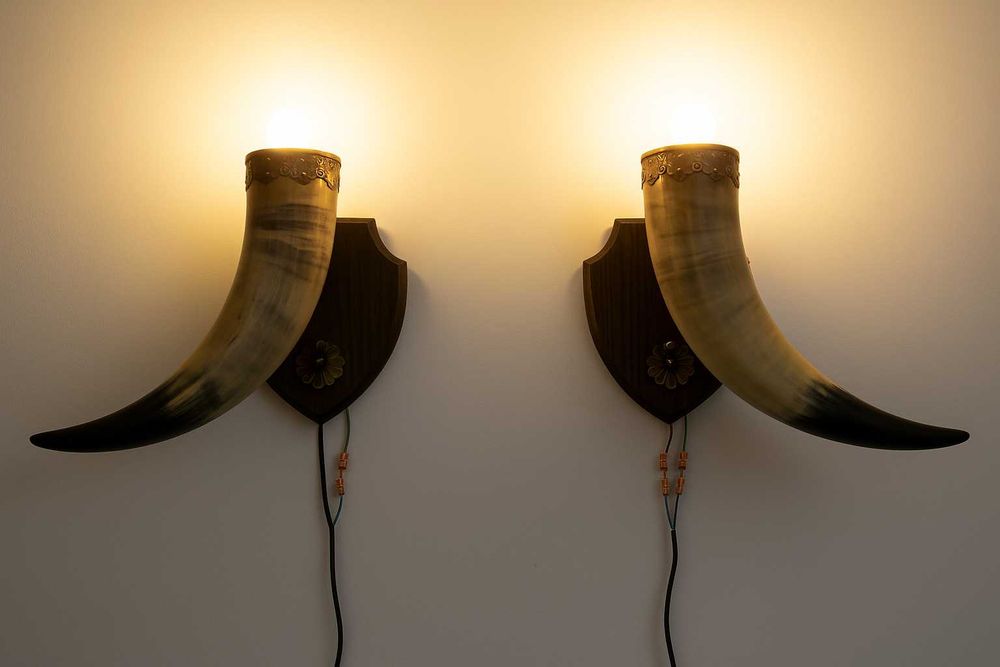 Kinkiety z rogów bawolich – komplet dekoracyjny, vintage