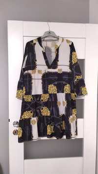 Sukienka mini/midi , wzory, biało-czarna, falbany, złoto, rozm.S/M/L