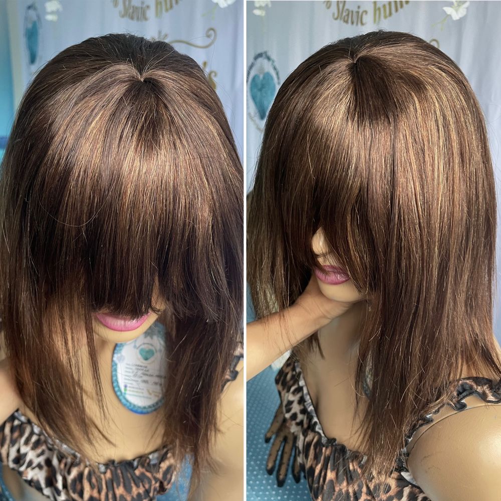 Натуральный парик перука с чёлкой славянские коричневые волосы